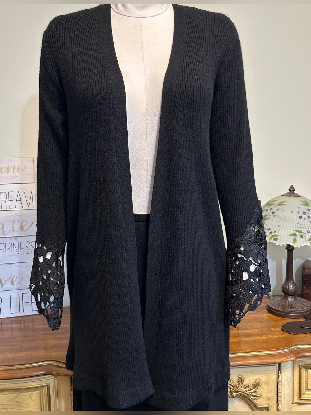 Magaschoni Black Silk Cashmere Open Front Sweater Cardigan Lace Bell Sleeves